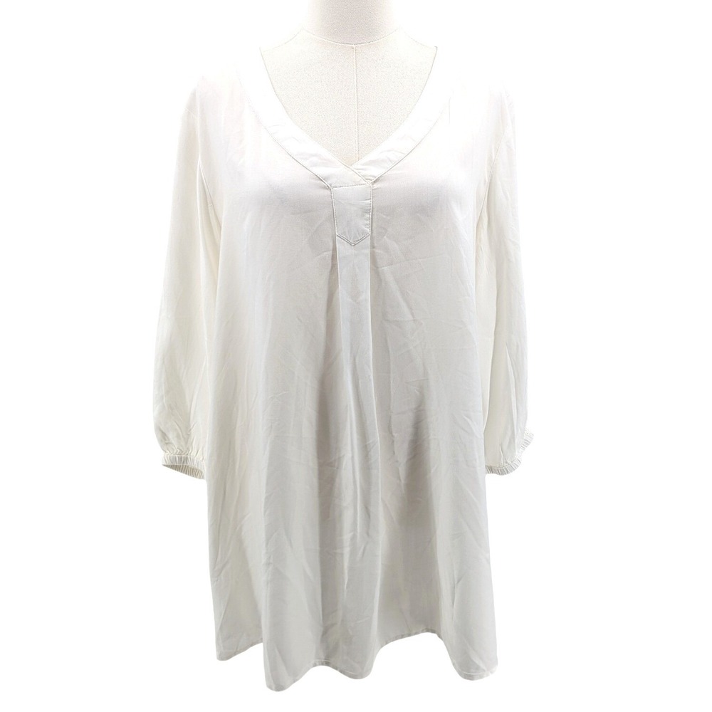 White Rayon Tunic Blouse Flowy V Neck 3/4 Sleeve Woman Within Plus 14/16 M